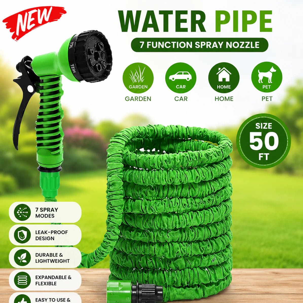 Expandable High Pressure Water Hose Pipe with 7-Mode Spray Nozzle | Flexible Multipurpose Water Pipe
