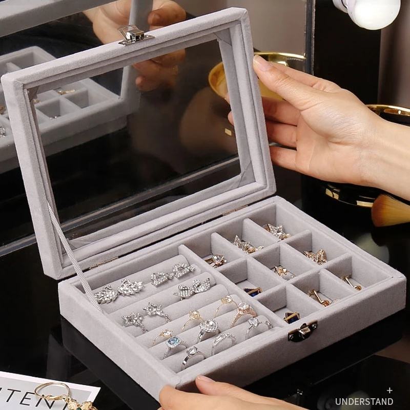 Velvet Jewelry Organizer Box with Glass Lid