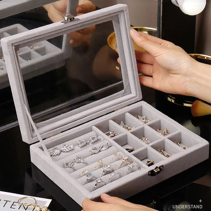 Velvet Jewelry Organizer Box with Glass Lid