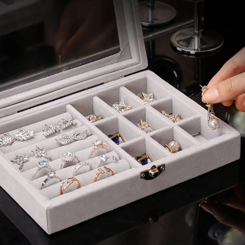 Velvet Jewelry Organizer Box with Glass Lid