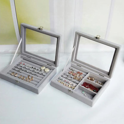 Velvet Jewelry Organizer Box with Glass Lid