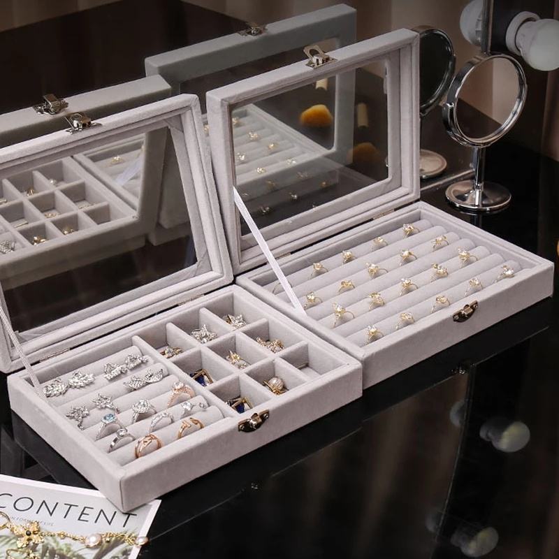 Velvet Jewelry Organizer Box with Glass Lid